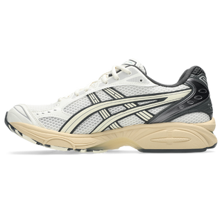 ASICS GEL-KAYANO 14 sneakers in Cream and Obsidian Grey with late 2000s-inspired design, GEL™ technology cushioning, TRUSSTIC® support system, and eco-friendly sockliner