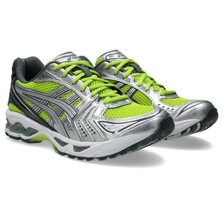 ASICS GEL-KAYANO 14 in Lime Zest/Pure Silver — 2000s-inspired sneaker with GEL™ technology cushioning, TRUSSTIC® support system, and eco-friendly solution-dyed sockliner

