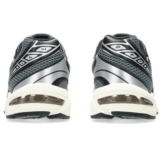 ASICS GEL-1130 sneaker in steel grey and black with mesh upper, GEL® heel cushioning, and TRUSSTIC® support system.
