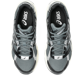 ASICS GEL-1130 sneaker in steel grey and black with mesh upper, GEL® heel cushioning, and TRUSSTIC® support system.