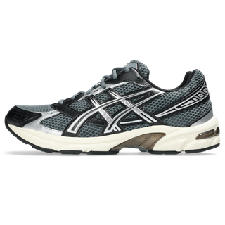 ASICS GEL-1130 sneaker in steel grey and black with mesh upper, GEL® heel cushioning, and TRUSSTIC® support system.