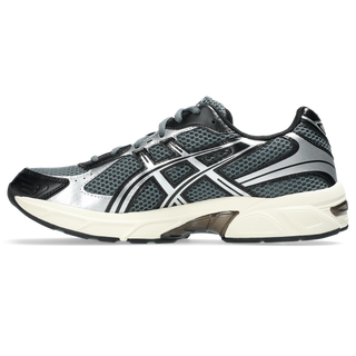 ASICS GEL-1130 sneaker in steel grey and black with mesh upper, GEL® heel cushioning, and TRUSSTIC® support system.