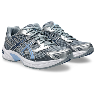 ASICS GEL-1130 in gravel and pure silver with mesh upper, GEL® cushioning, TRUSSTIC® support, and recycled overlays.