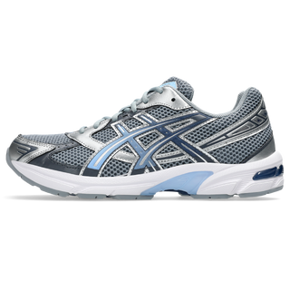 ASICS GEL-1130 in gravel and pure silver with mesh upper, GEL® cushioning, TRUSSTIC® support, and recycled overlays.