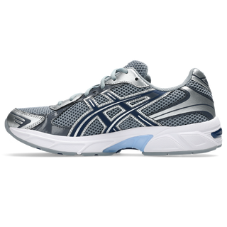 ASICS GEL-1130 in gravel and pure silver with mesh upper, GEL® cushioning, TRUSSTIC® support, and recycled overlays.
