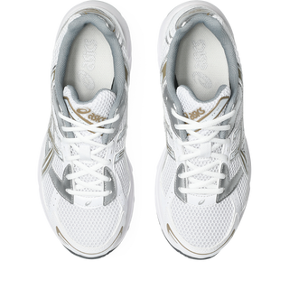ASICS GEL-1130 in white and pepper with mesh upper, GEL® cushioning, TRUSSTIC® support, and recycled overlays.