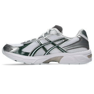 ASICS GEL-1130 Shoes in White/Forest Night - retro runner sneakers with late 2000s aesthetic, GEL™ technology cushioning, TRUSSTIC® support system, and recycled materials