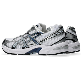 ASICS GEL-1130 Shoes in White/Storm Cloud — late-2000s retro runner with breathable mesh, recycled overlays, GEL® heel cushioning, and TRUSSTIC® support