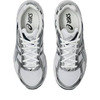 ASICS GEL-1130 Shoes in White/Storm Cloud — late-2000s retro runner with breathable mesh, recycled overlays, GEL® heel cushioning, and TRUSSTIC® support