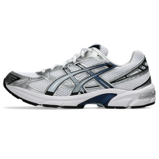 ASICS GEL-1130 Shoes in White/Storm Cloud — late-2000s retro runner with breathable mesh, recycled overlays, GEL® heel cushioning, and TRUSSTIC® support