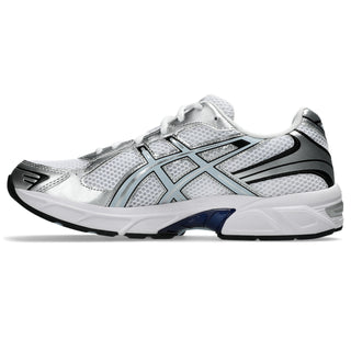 ASICS GEL-1130 Shoes in White/Storm Cloud — late-2000s retro runner with breathable mesh, recycled overlays, GEL® heel cushioning, and TRUSSTIC® support