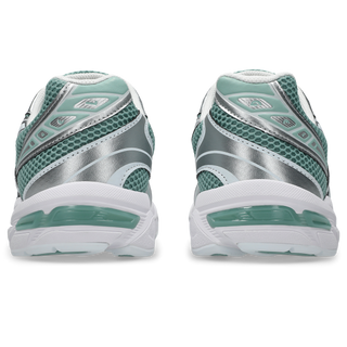 ASICS GEL-1130 sneakers in verdigris and pure silver colorway with heritage running design, GEL technology cushioning, mesh and synthetic upper, and retro 2000s styling