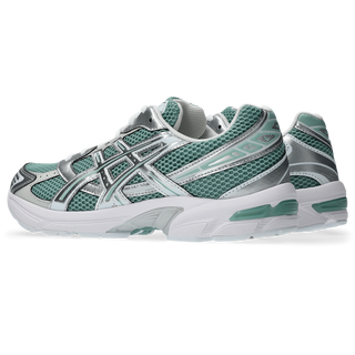 ASICS GEL-1130 sneakers in verdigris and pure silver colorway with heritage running design, GEL technology cushioning, mesh and synthetic upper, and retro 2000s styling