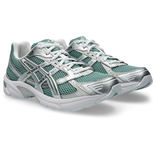 ASICS GEL-1130 sneakers in verdigris and pure silver colorway with heritage running design, GEL technology cushioning, mesh and synthetic upper, and retro 2000s styling