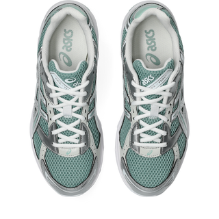 ASICS GEL-1130 sneakers in verdigris and pure silver colorway with heritage running design, GEL technology cushioning, mesh and synthetic upper, and retro 2000s styling