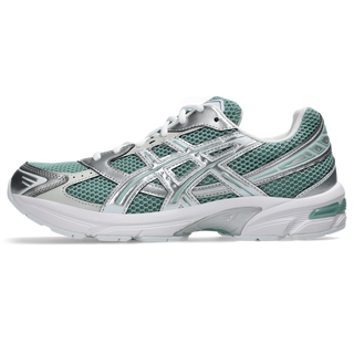 ASICS GEL-1130 sneakers in verdigris and pure silver colorway with heritage running design, GEL technology cushioning, mesh and synthetic upper, and retro 2000s styling
