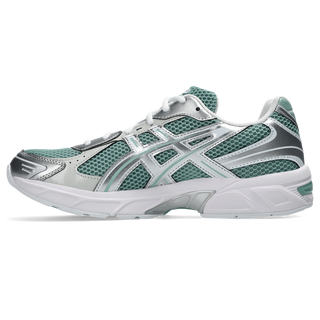 ASICS GEL-1130 sneakers in verdigris and pure silver colorway with heritage running design, GEL technology cushioning, mesh and synthetic upper, and retro 2000s styling
