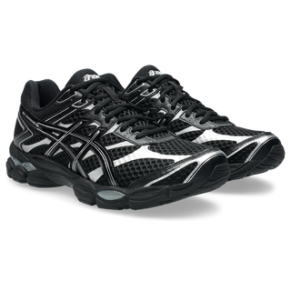 ASICS GEL-CUMULUS 16 sneakers in all-black colorway with glossy synthetic leather overlays and mesh underlays