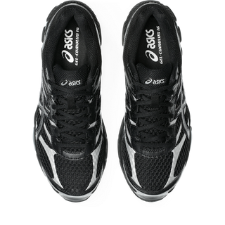 ASICS GEL-CUMULUS 16 sneakers in all-black colorway with glossy synthetic leather overlays and mesh underlays