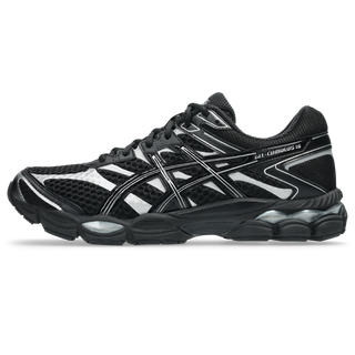 ASICS GEL-CUMULUS 16 sneakers in all-black colorway with glossy synthetic leather overlays and mesh underlays