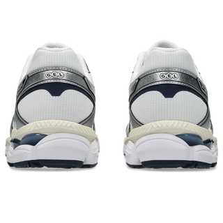 ASICS GEL-CUMULUS 16 running shoes in white and midnight colorway with synthetic leather overlays, breathable mesh, dual GEL technology cushioning, and 2010s design"