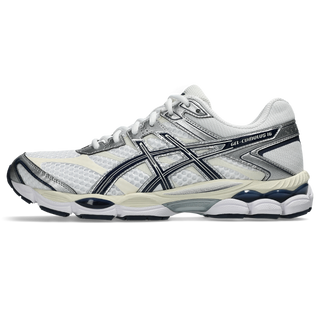 ASICS GEL-CUMULUS 16 running shoes in white and midnight colorway with synthetic leather overlays, breathable mesh, dual GEL technology cushioning, and 2010s design"