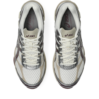 ASICS GEL-CUMULUS 16 running shoes in cream and beniimo purple colorway with synthetic leather overlays, breathable mesh, dual GEL technology cushioning, and 2010s design