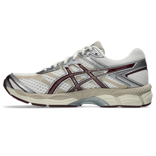 ASICS GEL-CUMULUS 16 running shoes in cream and beniimo purple colorway with synthetic leather overlays, breathable mesh, dual GEL technology cushioning, and 2010s design