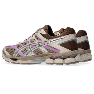 ASICS GEL-CUMULUS 16 sneakers in Cinnamon and Pure Silver colorway with glossy synthetic leather overlays and mesh underlays