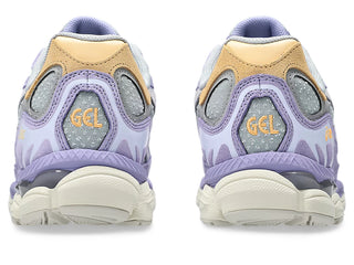 ASICS GEL-NYC in Piedmont Grey/Bluebell with layered retro upper and GEL-CUMULUS 16 cushioning.