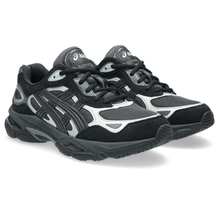 ASICS GEL-NYC 2.0 sneakers in Graphite Grey and Black with suede overlays, heritage GEL-1050 inspired tooling, GEL technology cushioning, FF BLAST PLUS midsole, and TRUSSTIC support system