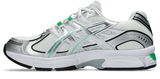 ASICS GEL-Stratus MC Sneakers in White/Cilantro — synthetic leather overlays and air mesh upper with internal rearfoot GEL technology and 2010s running shoe midsole construction.


