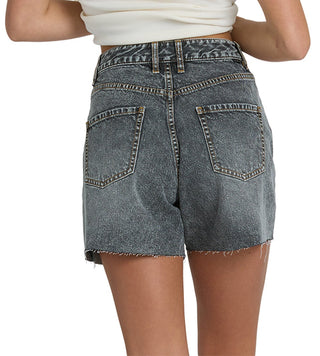 Black Water Billabong high-waisted cut-off denim shorts with faded black wash, raw hem edges, and classic five-pocket design.