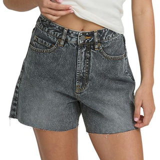 Black Water Billabong high-waisted cut-off denim shorts with faded black wash, raw hem edges, and classic five-pocket design.