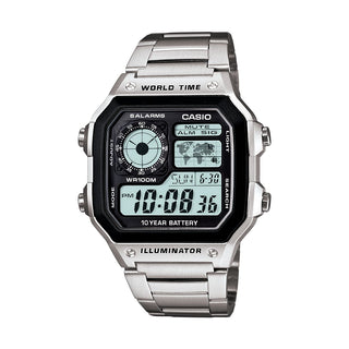 Casio Digital AE1200WHD-1A silver watch with stainless steel band, LED light, and world map display.