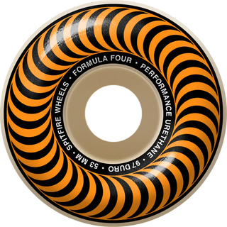 Spitfire F4 Classic Swirl 53mm Natural/Orange skateboard wheels with 97a urethane and bold swirl graphic.