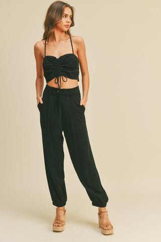 Miou Muse Black cotton linen cargo pants with band design, practical pockets.