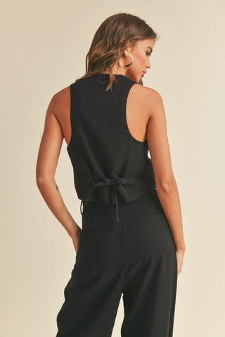 Miou Muse Elegant black tuxedo vest, rayon and polyester blend.