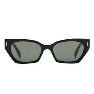 Otis Eyewear Selena sunglasses in Eco Black with Grey mineral glass lenses, bold angular handmade eco acetate frame with Viscottica hinges, stainless steel screws, Category 3 100% UVA UVB protection, 4 base lens curve, 54-18-145mm sizing, fits most face shapes
