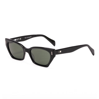Otis Eyewear Selena sunglasses in Eco Black with Grey mineral glass lenses, bold angular handmade eco acetate frame with Viscottica hinges, stainless steel screws, Category 3 100% UVA UVB protection, 4 base lens curve, 54-18-145mm sizing, fits most face shapes