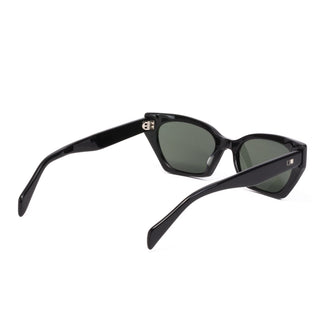 Otis Eyewear Selena sunglasses in Eco Black with Grey mineral glass lenses, bold angular handmade eco acetate frame with Viscottica hinges, stainless steel screws, Category 3 100% UVA UVB protection, 4 base lens curve, 54-18-145mm sizing, fits most face shapes