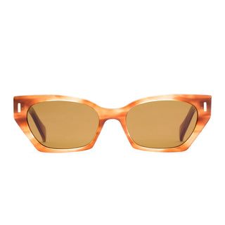Otis Eyewear Selena sunglasses in Eco Ochre Havana with Brown mineral glass lenses, bold angular handmade eco acetate frame with Viscottica hinges, stainless steel screws, Category 3 100% UVA UVB protection, 4 base lens curve, 54-18-145mm sizing, fits most face shapes