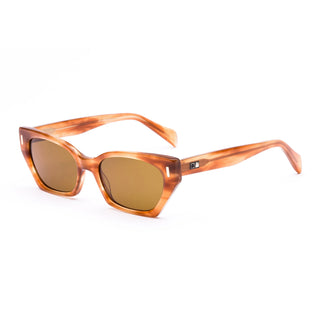 Otis Eyewear Selena sunglasses in Eco Ochre Havana with Brown mineral glass lenses, bold angular handmade eco acetate frame with Viscottica hinges, stainless steel screws, Category 3 100% UVA UVB protection, 4 base lens curve, 54-18-145mm sizing, fits most face shapes