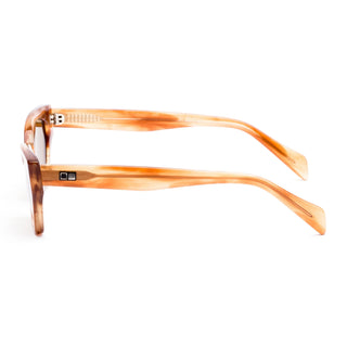 Otis Eyewear Selena sunglasses in Eco Ochre Havana with Brown mineral glass lenses, bold angular handmade eco acetate frame with Viscottica hinges, stainless steel screws, Category 3 100% UVA UVB protection, 4 base lens curve, 54-18-145mm sizing, fits most face shapes