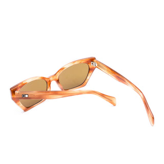 Otis Eyewear Selena sunglasses in Eco Ochre Havana with Brown mineral glass lenses, bold angular handmade eco acetate frame with Viscottica hinges, stainless steel screws, Category 3 100% UVA UVB protection, 4 base lens curve, 54-18-145mm sizing, fits most face shapes