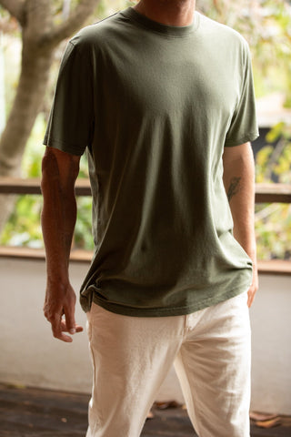 Rhythm Classic Vintage Tee in Olive, 100% cotton, light-weight, contrast stitching, wide neck rib, vintage fit.