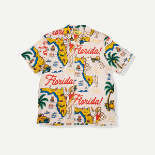 Duvin Florida 2.0 Cabana Shirt with vintage Florida postcard print and camp collar.