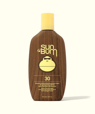Sun Bum SPF 30 sunscreen lotion bottle, vegan, reef-safe, enriched with Vitamin E.