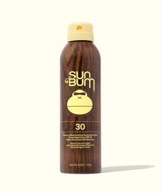 Sun Bum SPF 30 sunscreen spray, natural compression, Vitamin E enriched, broad spectrum protection.
