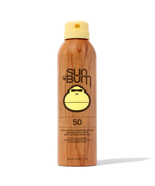 Image showing Sun Bum Original SPF 50 Sunscreen Spray, vegan, and Hawaii Act 104 Reef compliant, water-resistant and enriched with Vitamin E for skin nourishment and protection.